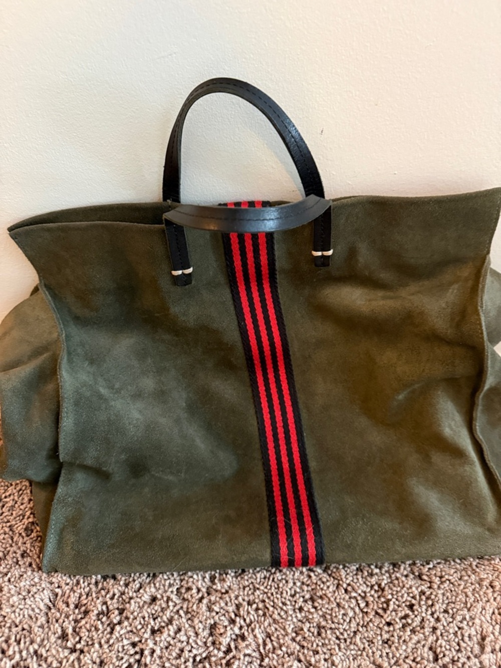 Clare V Olive Suede Tote with Black Handles and Red/Black Center Stripe